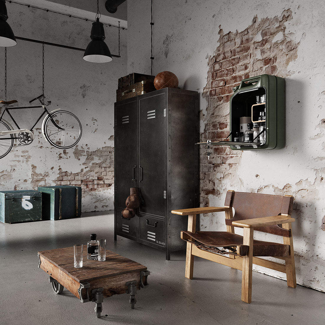 Jerry Can Bar Cabinet (Army Green + Oak)